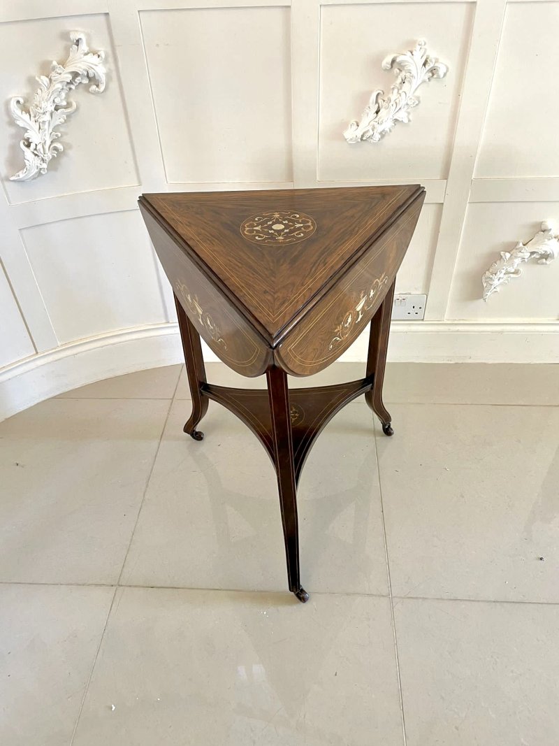 Unusual Antique Edwardian Quality Rosewood Inlaid Drop Leaf Centre Table
